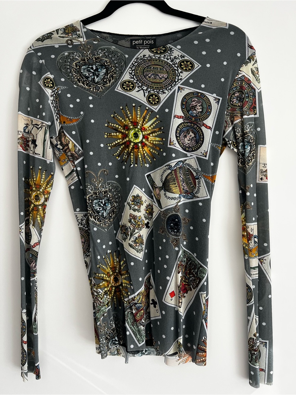 Viviana Gray Polka Dot Long Sleeve Top with Card & Sunburst Print